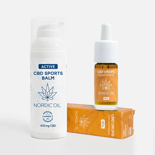 Baume CBD Sports Active Nordic Oil et flacon de gouttes CBD sur une boîte orange