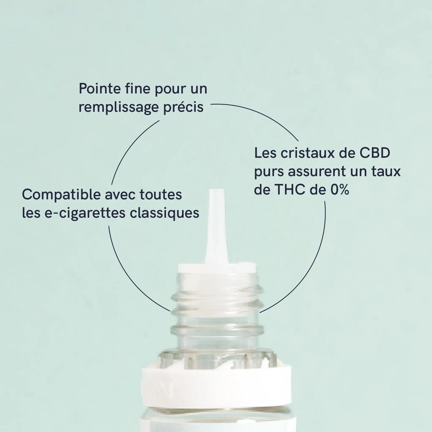 bouteille ouverte de CBD E-Liquid de Nordic Oil avec les attributs du produit listé