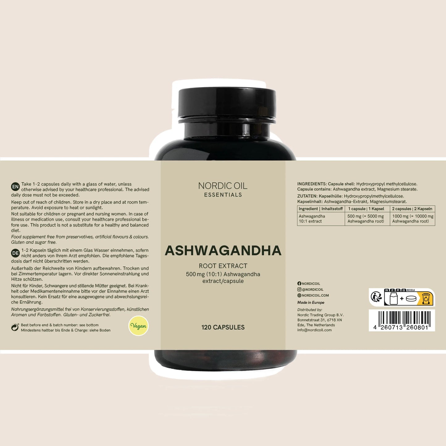 Bouteille noire de compléments alimentaires Ashwagandha (extrait de racine) Nordic Oil Essentials, 120 capsules