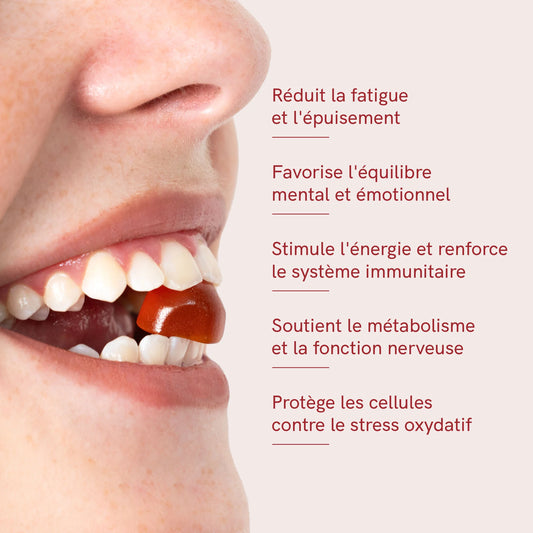Gélule orange entre les dents d'une bouche sur fond clair avec texte décrivant les bienfaits des compléments nutritionnels