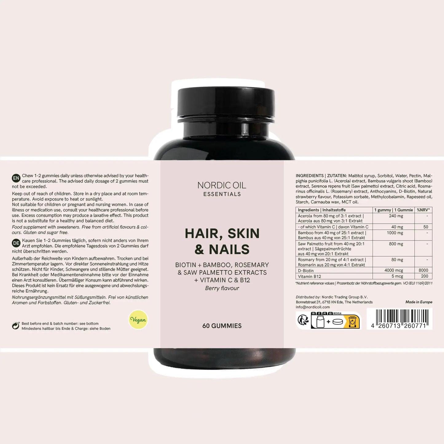 Flacon de gommes Nordic Oil Essentials Hair, Skin & Nails – Biotine, Bambou, Romarin et Extraits de Palmier nain, 60 gommes