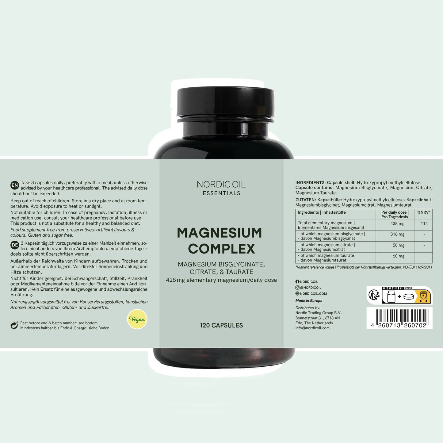 Flacon sombre de compléments alimentaires Magnesium Complex de Nordic Oil Essentials