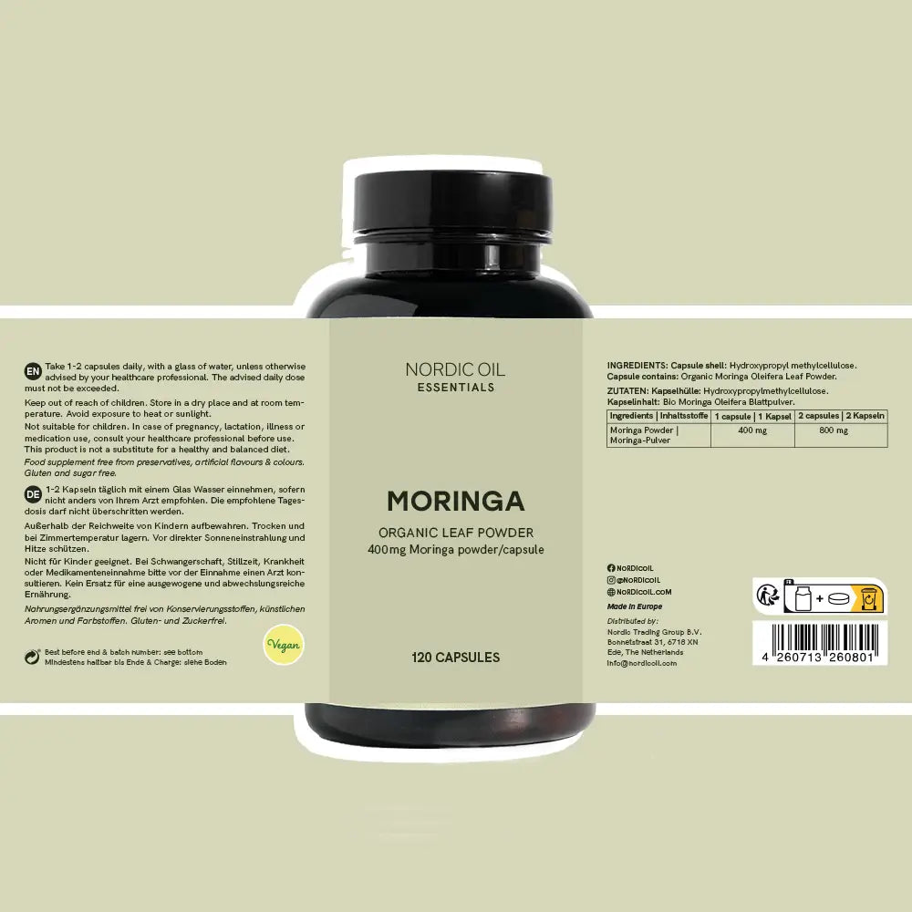 Bouteille de poudre de feuilles de moringa biologique – 120 capsules (Nordic Oil Essentials)
