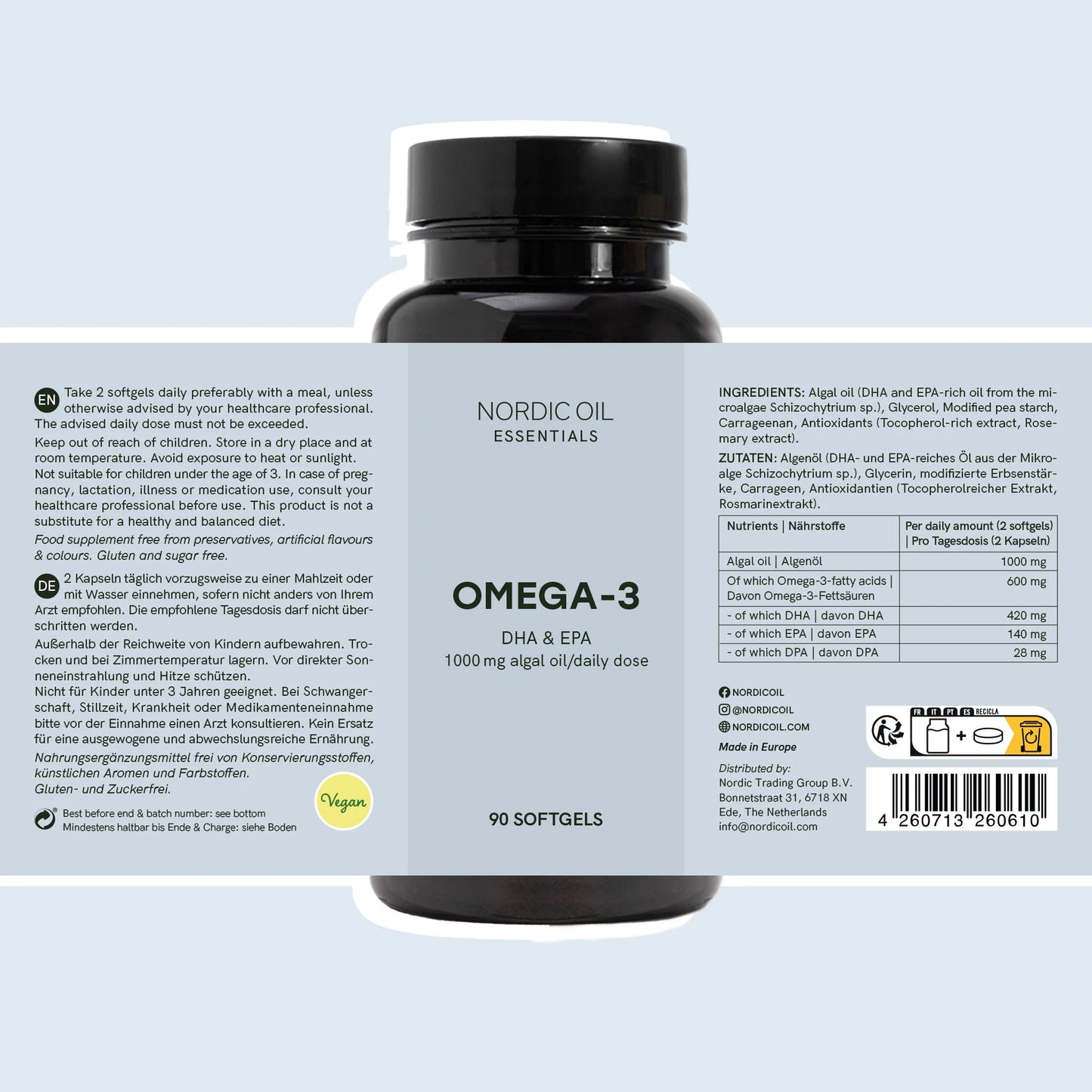 Flacon noir de Nordic Oil Essentials Omega-3 DHA & EPA, 90 softgels, étiquette bleue.