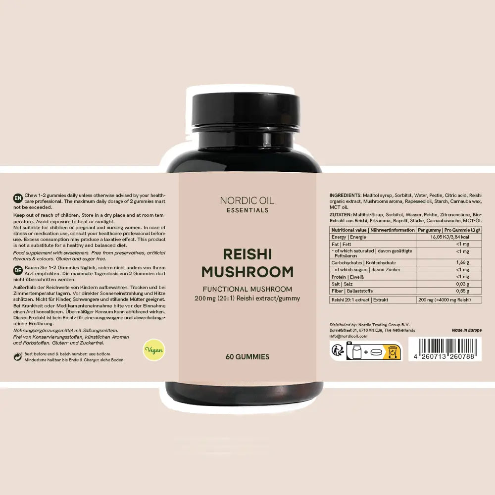 Bouteille noire de compléments Nordic Oil Reishi Mushroom avec étiquette beige affichant REISHI MUSHROOM et 60 gommes.