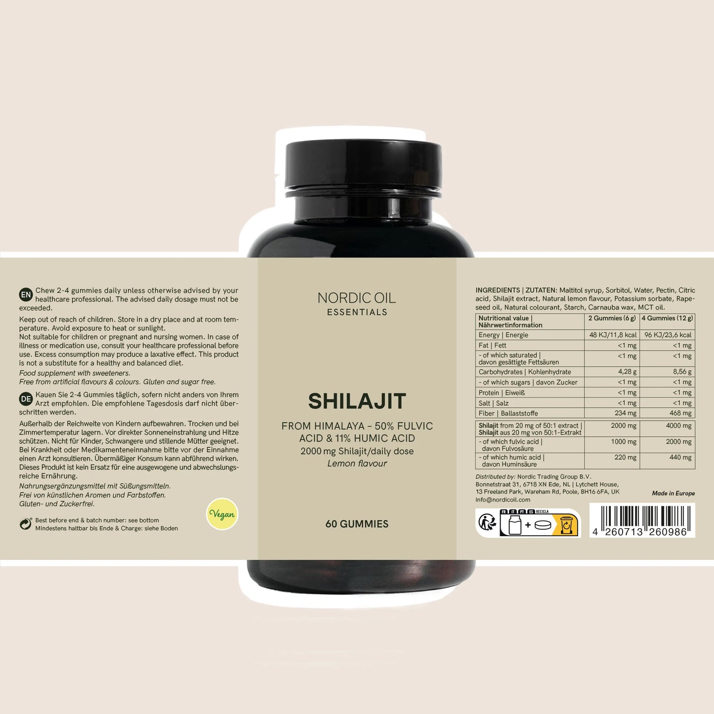 Bouteille noire de gommes Shilajit Nordic Oil Essentials sur fond beige.