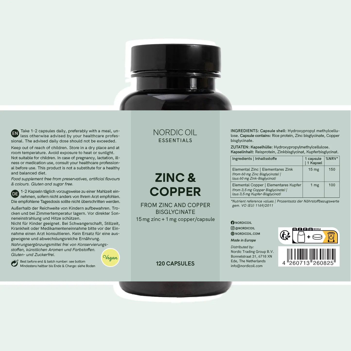 Bouteille de compléments alimentaires Nordic Oil Essentials Zinc & Copper, étiquette détaillant le zinc et le cuivre bisglycinate (120 capsules).