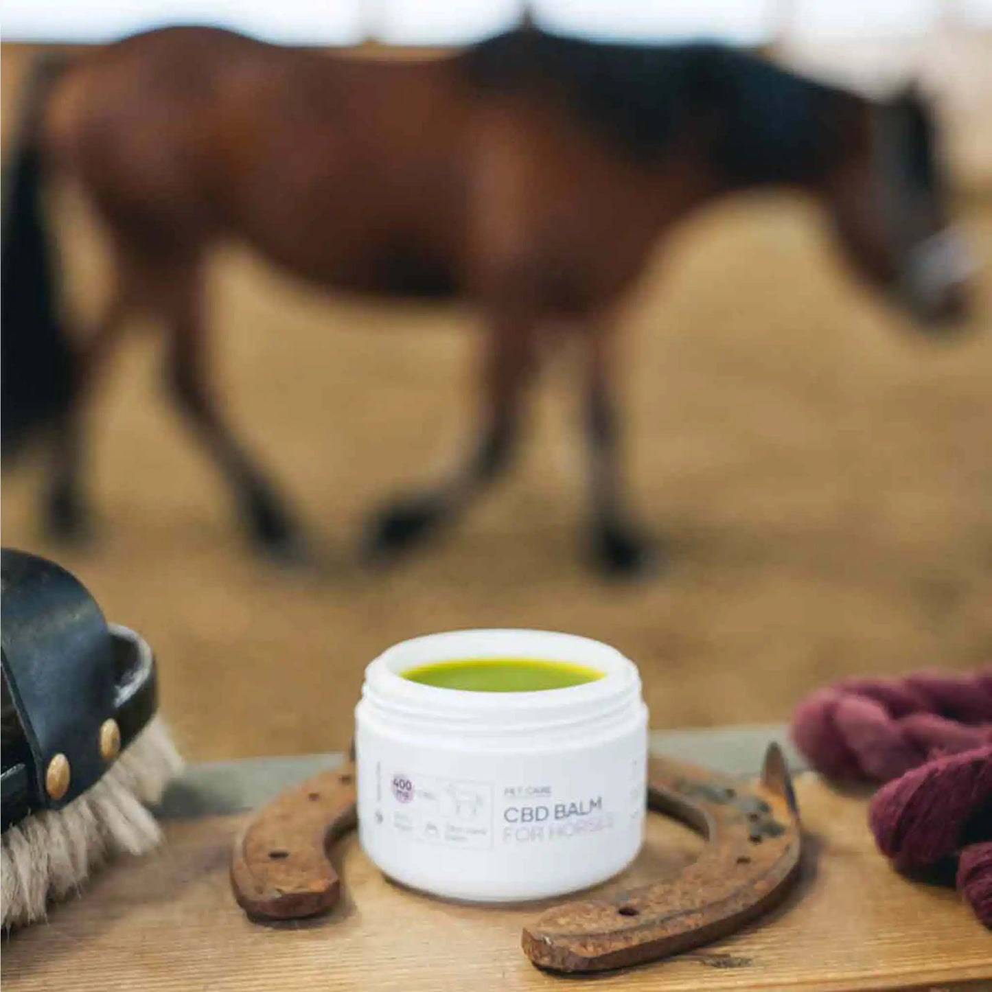 un baume CBD est placé dans un fer à cheval pendant qu'un cheval trotte en arrière-plan