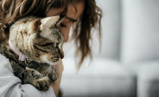 Une femme tient un chat dans ses bras.