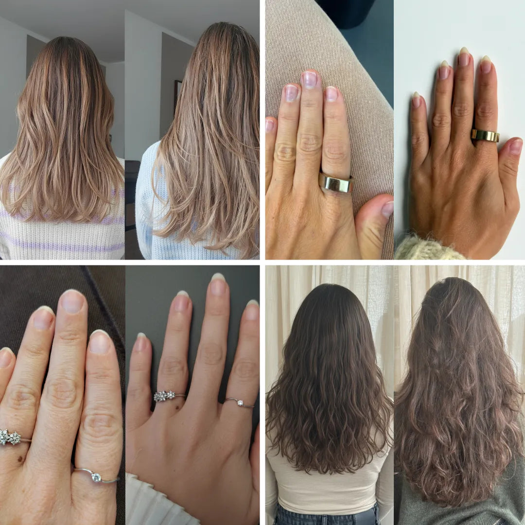 Collage de photos: cheveux longs et ondulés en nuances blond et brun, et mains avec ongles soignés et bagues.