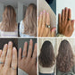 Collage de photos: cheveux longs et ondulés en nuances blond et brun, et mains avec ongles soignés et bagues.
