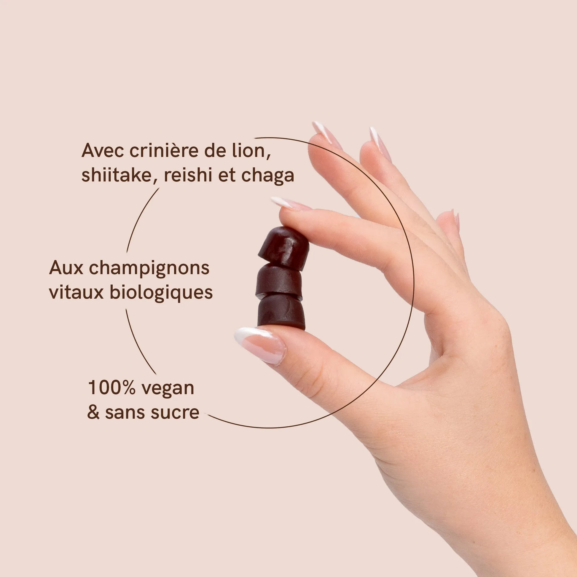 La femme tient trois gommes de champignons avec des informations sur le produit à côté :
Avec crinière de lion, shiitake, reishi et chaga
Avec des champignons vitaux bio
100% végétalien & sans sucre