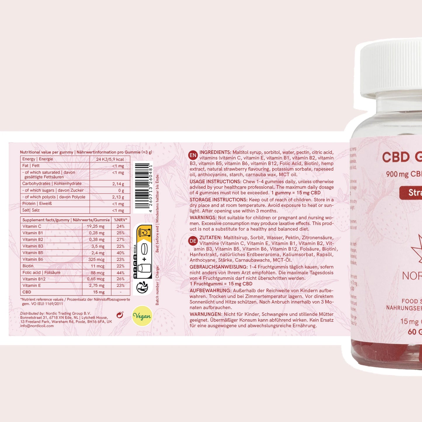 Étiquette arrière d’un flacon CBD Nordic Oil montrant le tableau nutritionnel et la liste des ingrédients