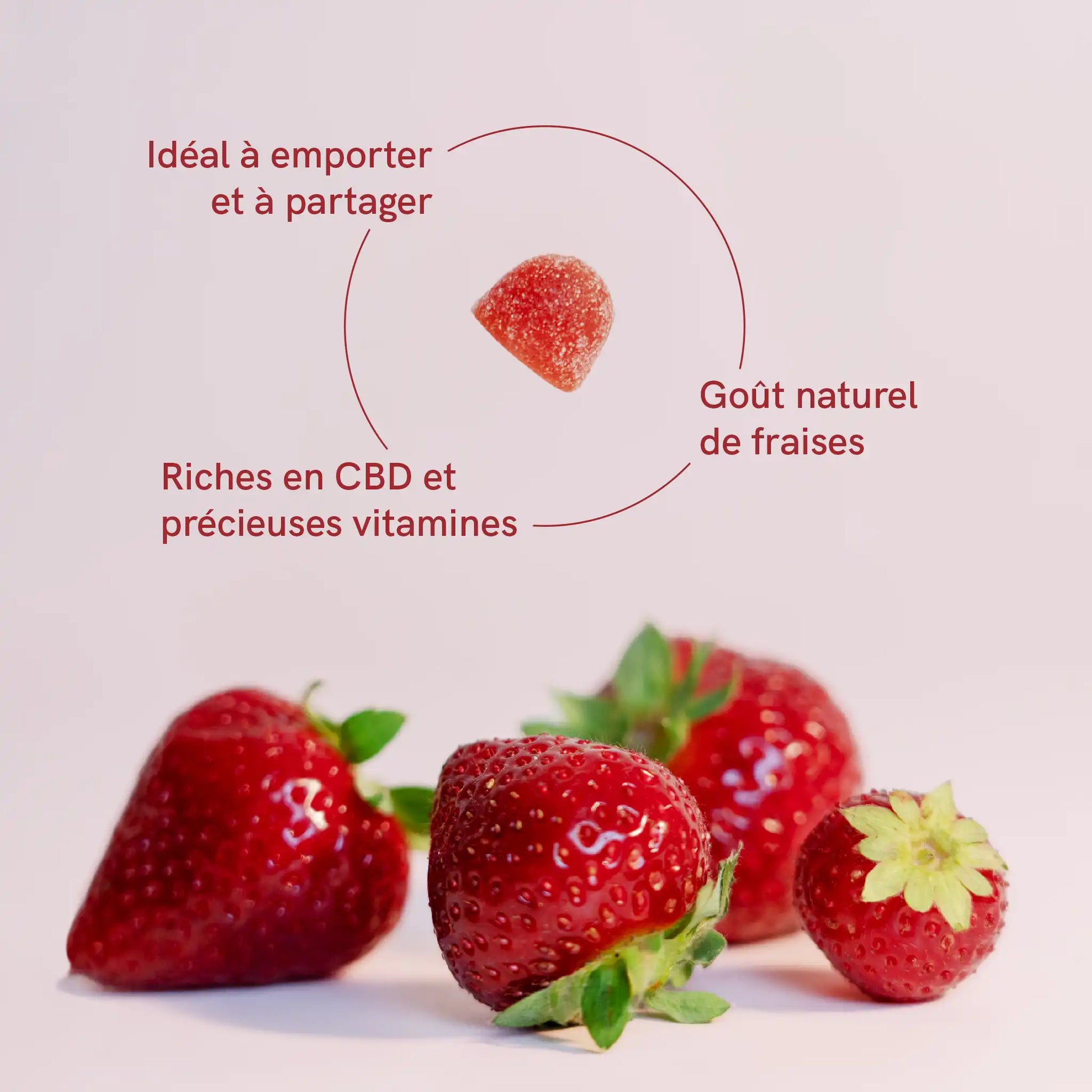 vitrine de Nordic Oil CBD gummies avec arôme de fraise et attributs listés