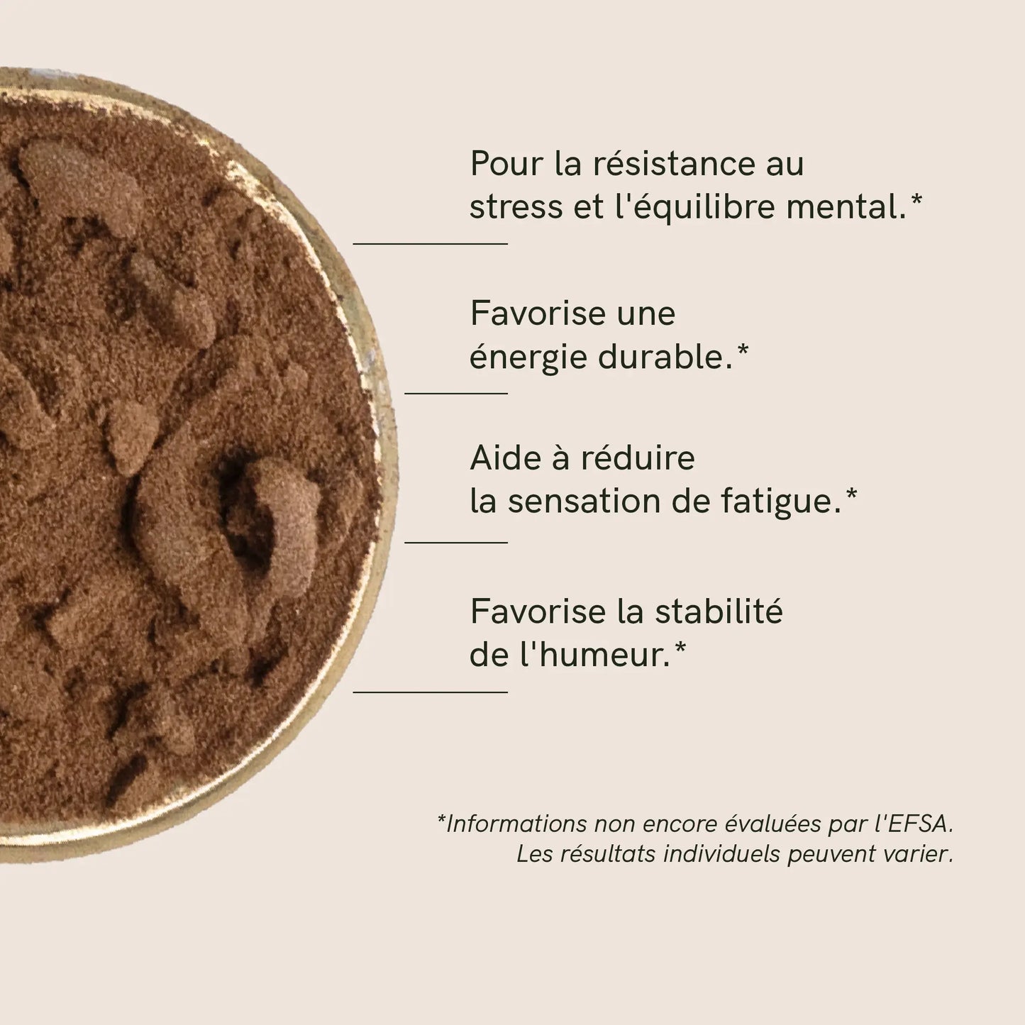 Poudre de rhodiola dans un bol sur fond beige, avec un texte promotionnel en français sur le stress, l'énergie et l'humeur.