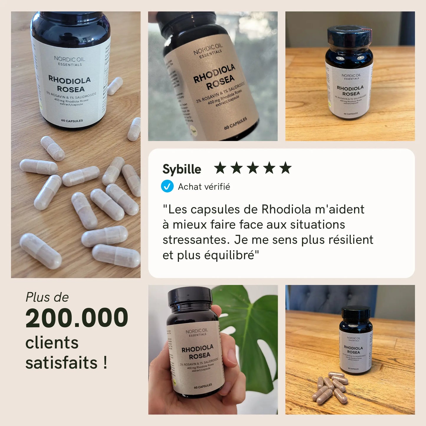 Collage présentant des bouteilles et des capsules de Rhodiola Rosea de Nordic Oil, avec un avis client et le texte Plus de 200.000 clients satisfaits.