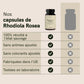 Infographie présentant des capsules de Rhodiola Rosea avec une bouteille et une liste d'avantages (récolté à l'état sauvage, sans arômes ajoutés, sans colorants ajoutés, fabriqué dans l'UE, testé en laboratoire).