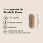 Infographie produit: capsules de Rhodiola Rosea, 100% véganes, sans soja ni gluten, sans sucre, standardisées à 3% rosavines et 1% de salidroside, avec une capsule marron mesurant environ 2 cm.