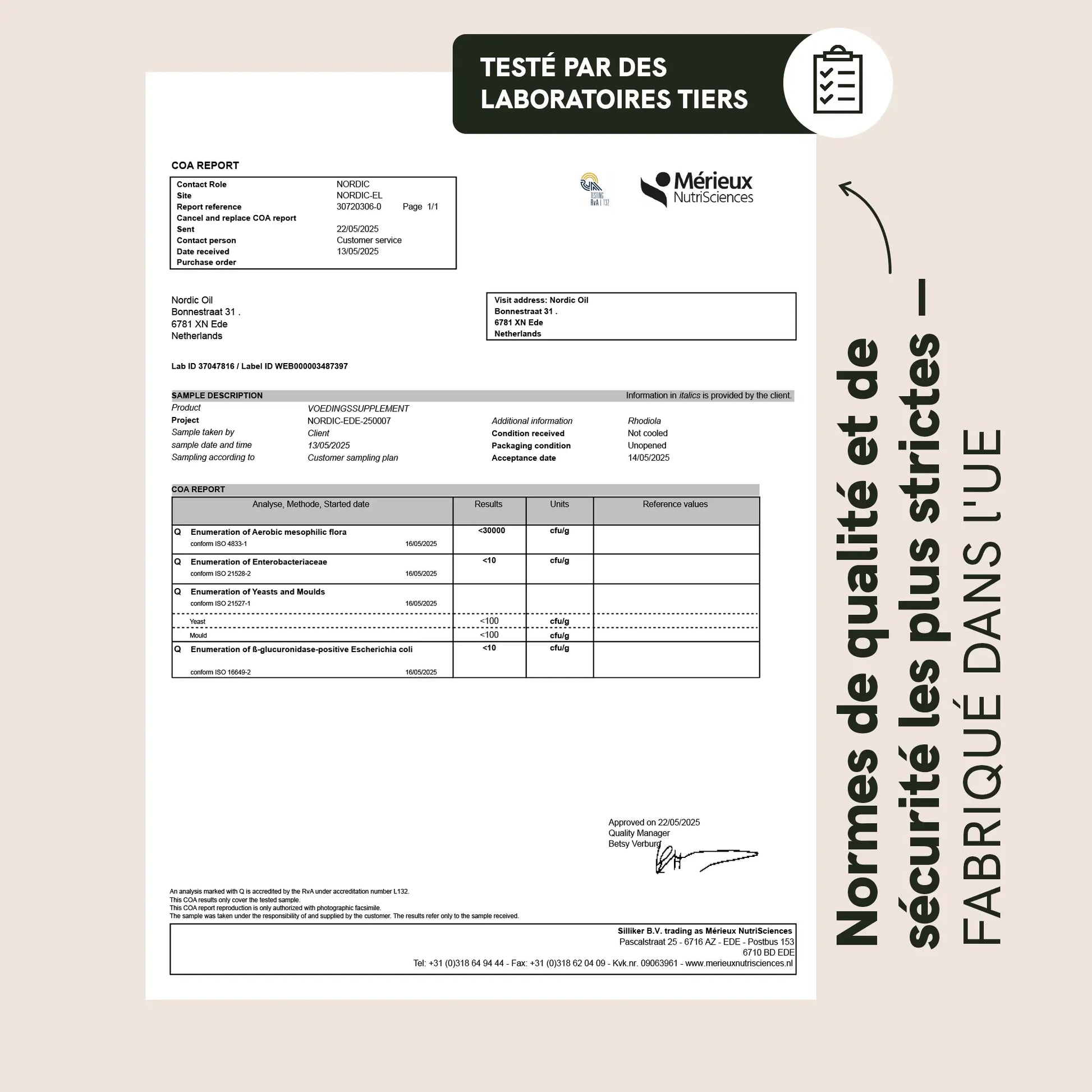 Rapport COA d’un complément Nordic Oil avec les résultats d’analyses en laboratoire et les logos Merieux NutriSciences.