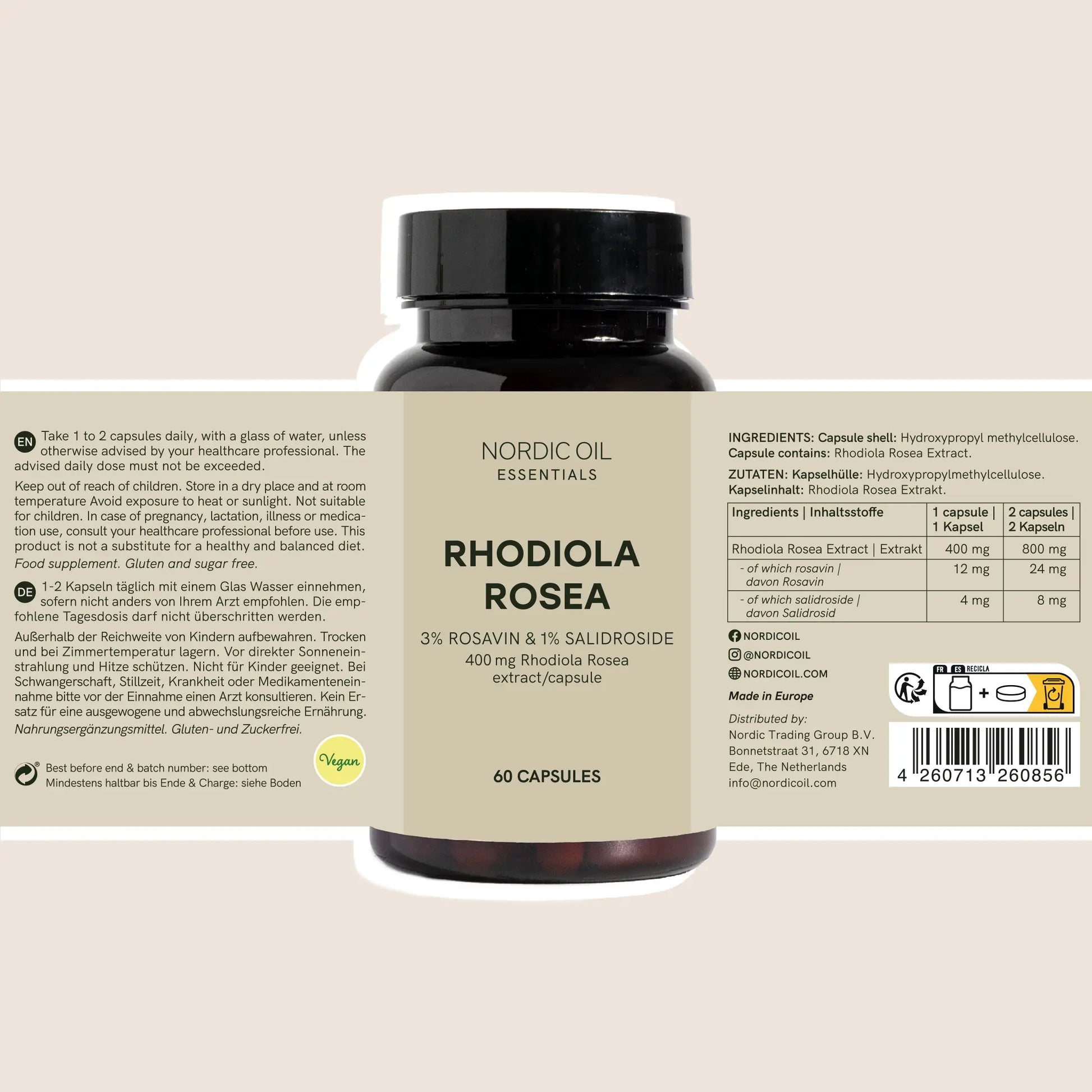 Bouteille de compléments Rhodiola Rosea Nordic Oil Essentials, 60 capsules, étiquette beige.