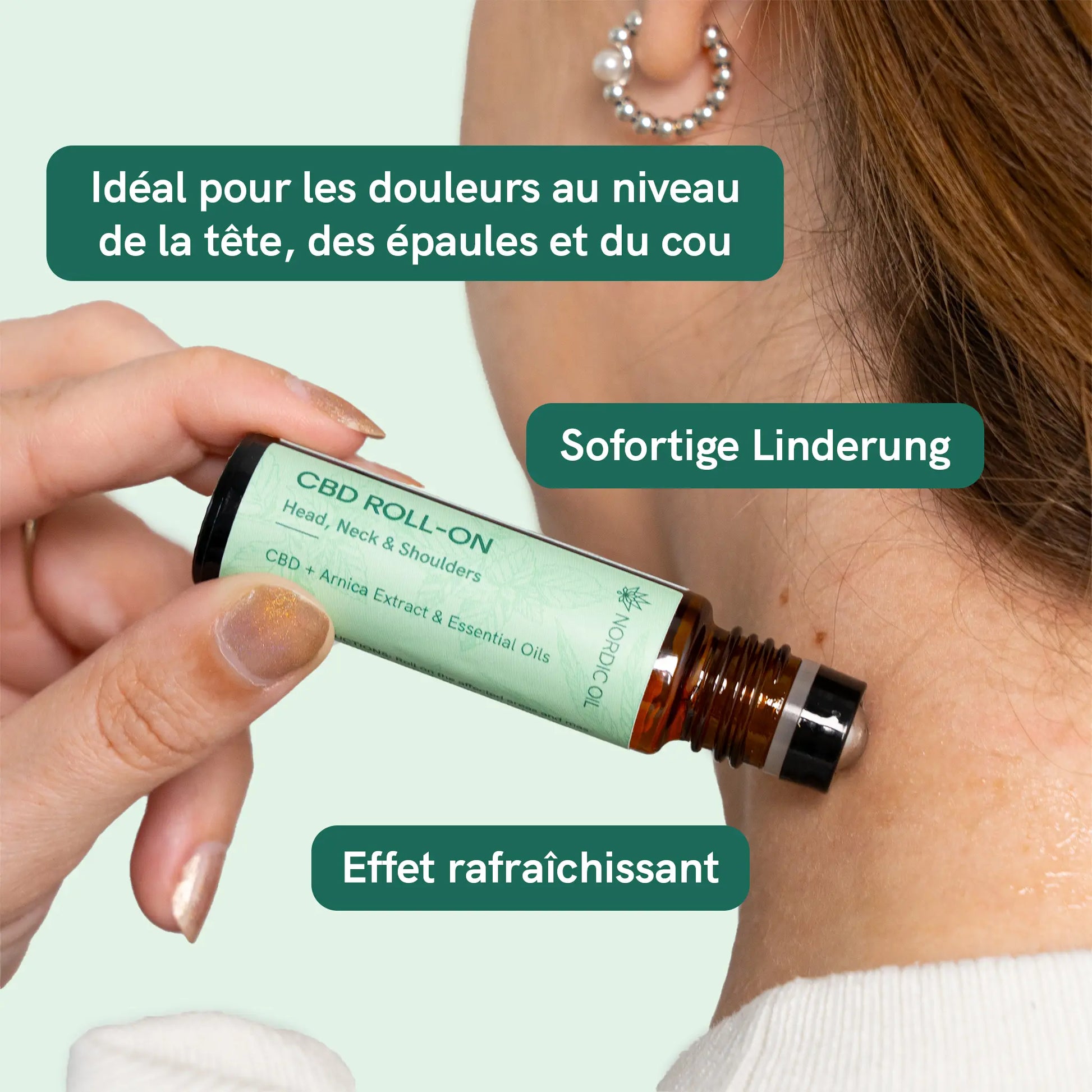 Roll-on CBD appliqué sur la nuque pour soulager les douleurs du cou et des épaules.
