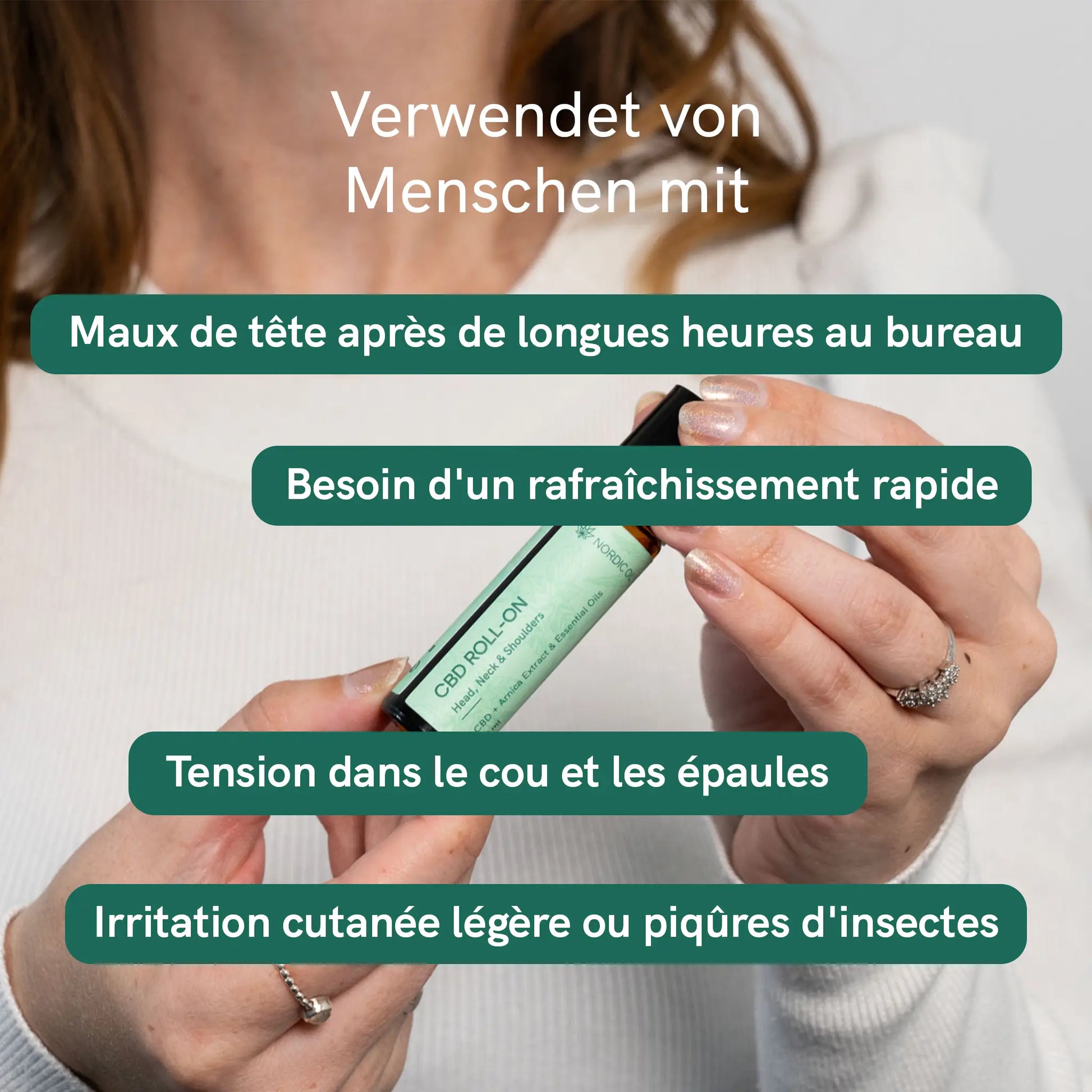 Roll-on CBD Nordic Oil tenu par une main, destiné à soulager maux de tête, tensions du cou et des épaules et irritations cutanées.