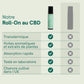 Flacon Roll-On CBD Nordic Oil et tableau des avantages: transdermique, huiles aromatiques et extraits de plantes, absorption rapide, testé en laboratoire, chanvre cultivé dans l'UE