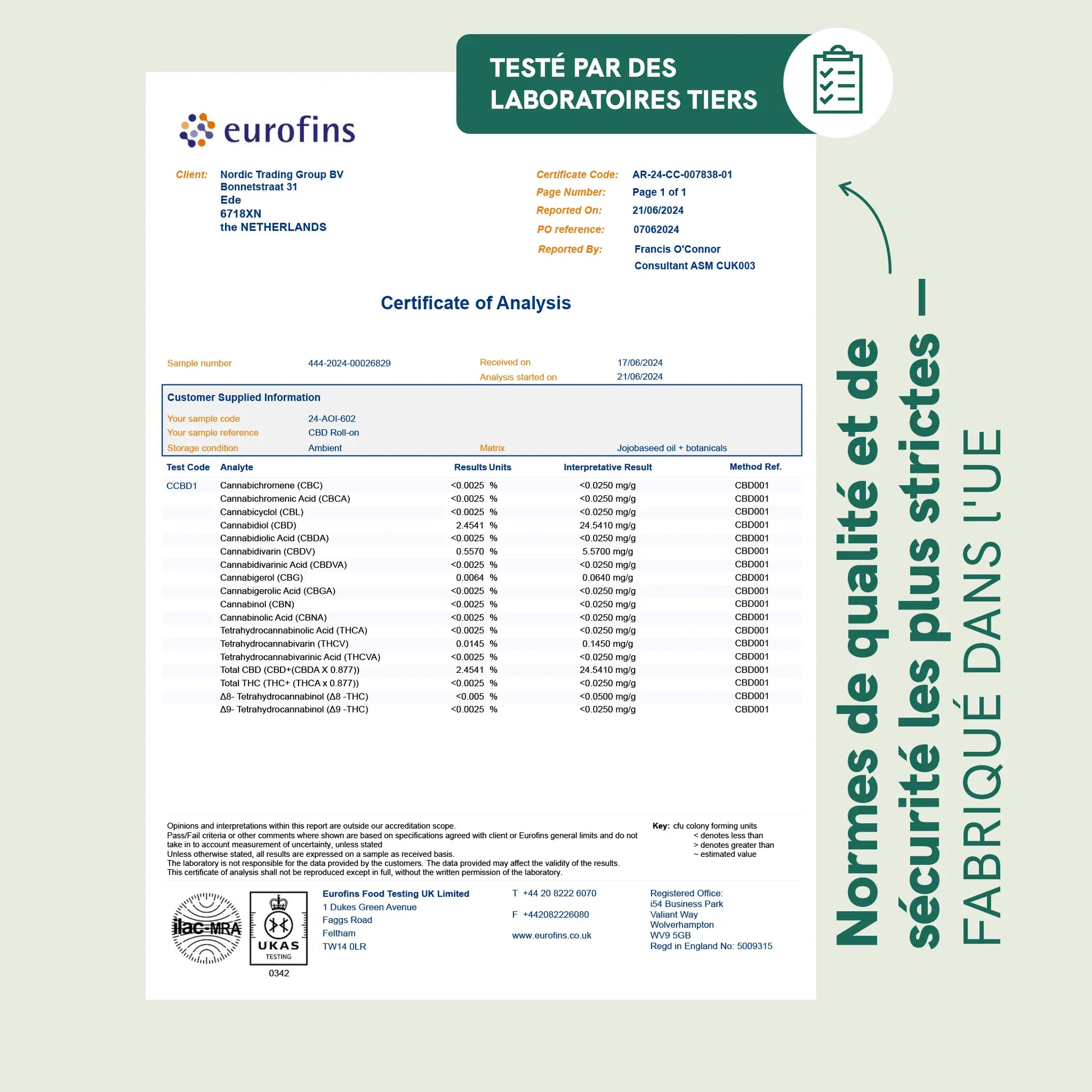 Certificat d'analyse Eurofins – document de laboratoire.