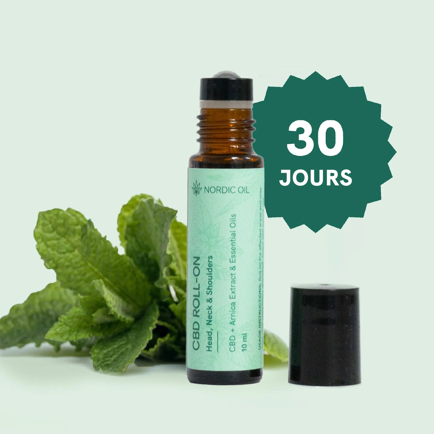 Flacon roll-on CBD Nordic Oil avec des feuilles de menthe et un badge vert 30 JOURS