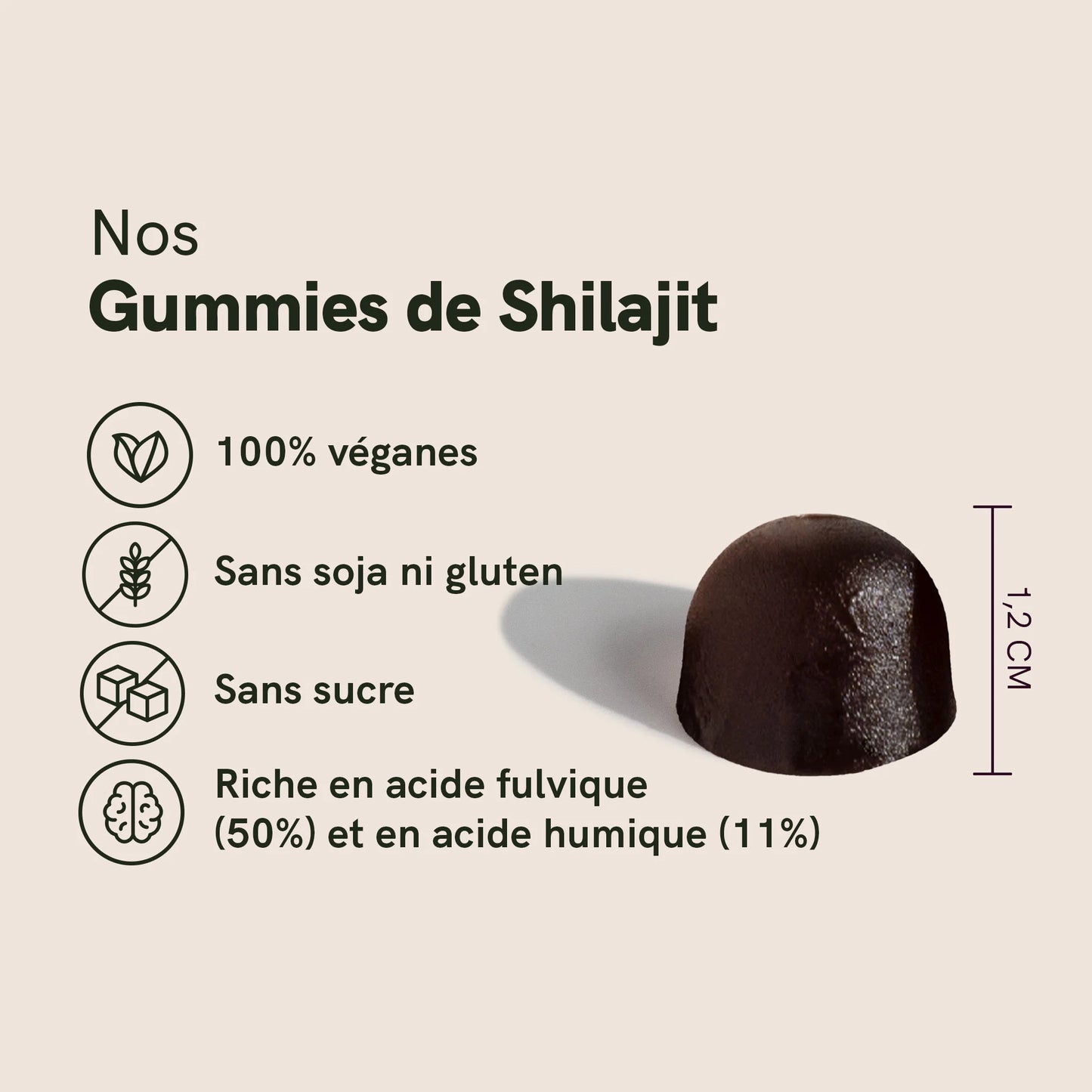 Infographie présentant les gummies de Shilajit et leurs caractéristiques: véganes, sans soja ni gluten, sans sucre, riches en acide fulvique et acide humique, avec un gummy noir sur fond beige.
