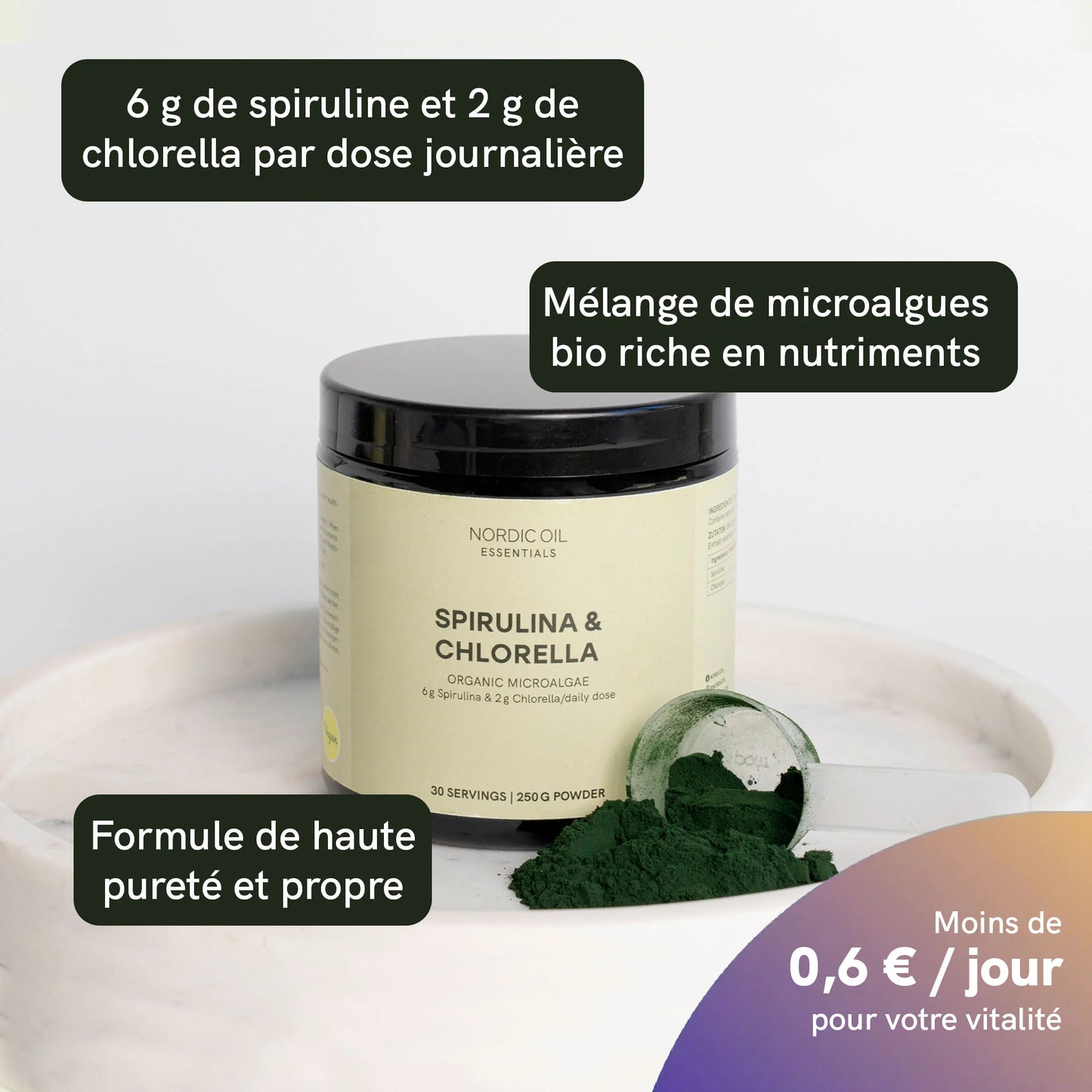 Poudre de spiruline et chlorella