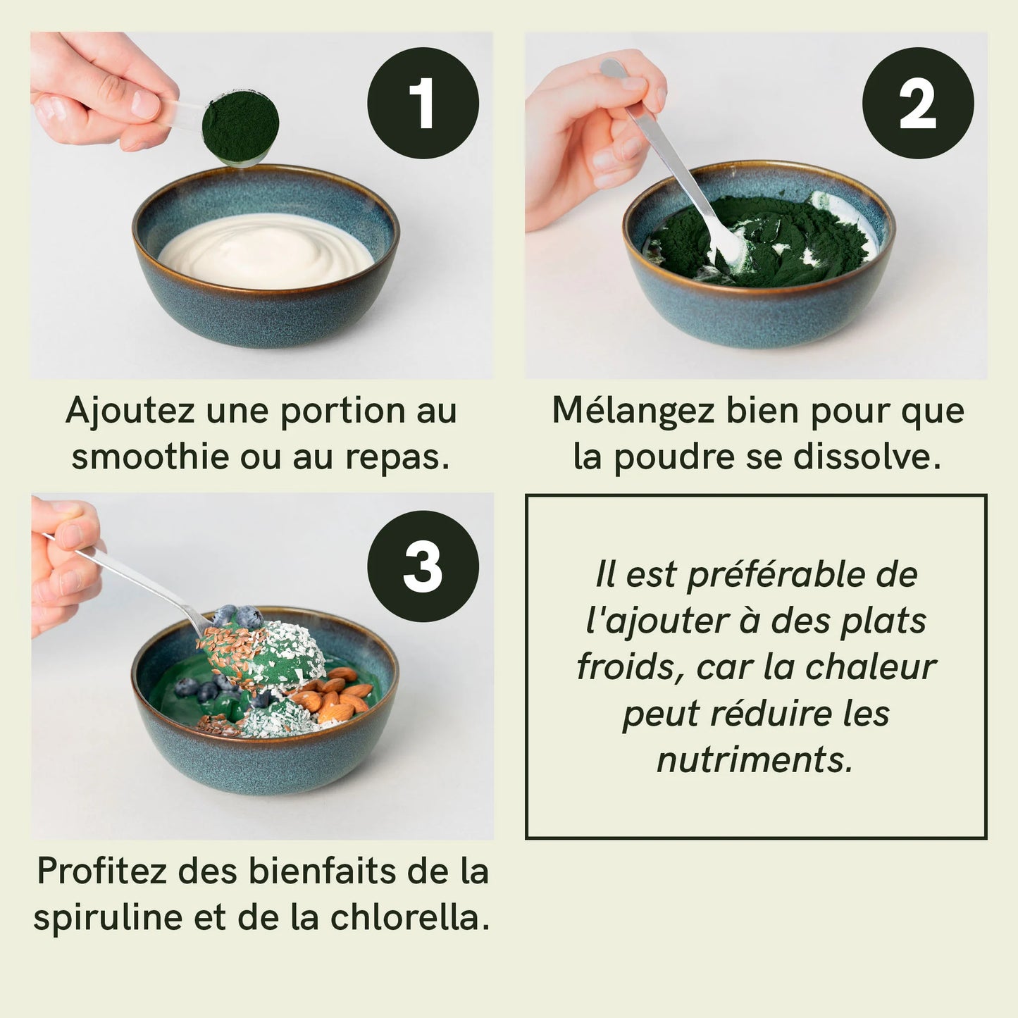 Poudre de spiruline et chlorella