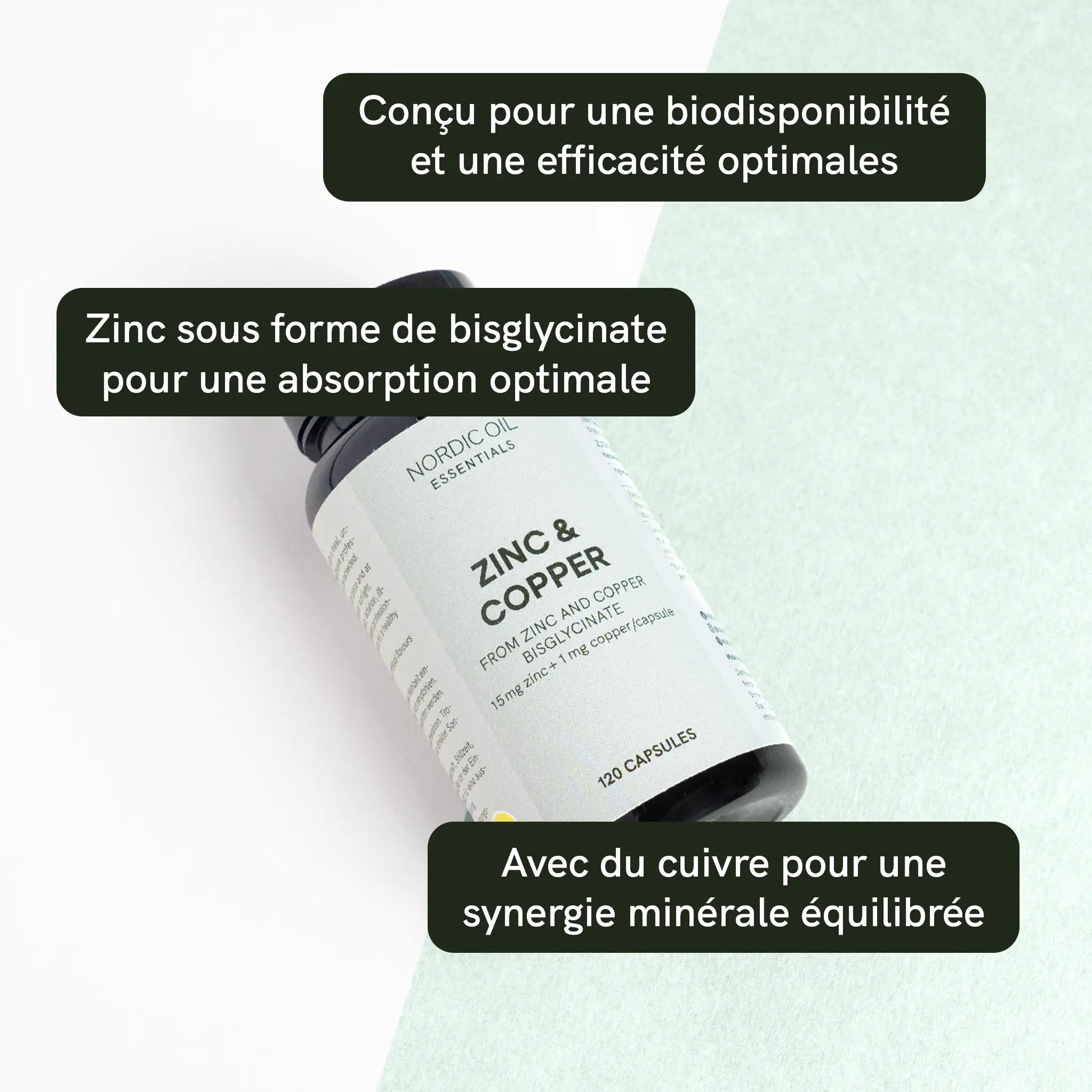 Flacon de zinc et cuivre en capsules bisglycinate Nordic Oil Essentials (120 capsules)