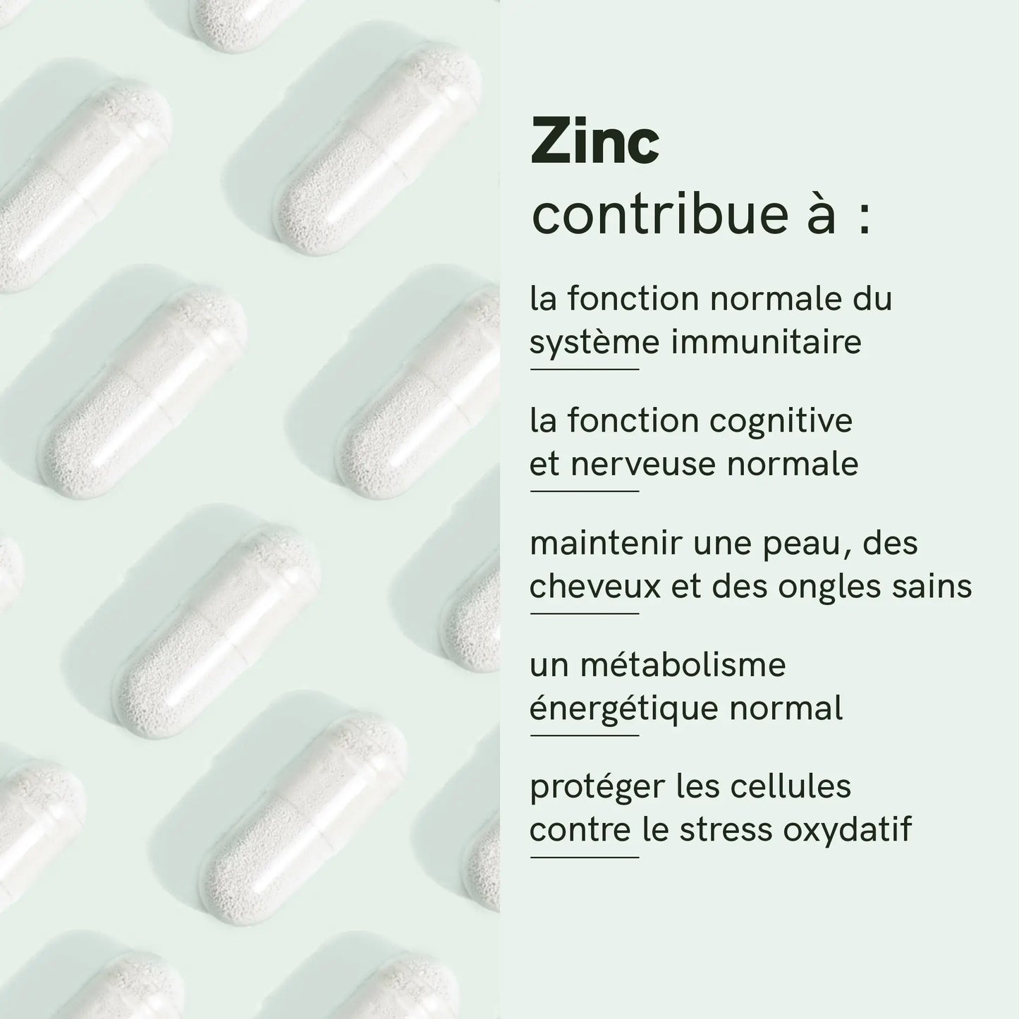 Infographie montrant les bienfaits du zinc: soutien du système immunitaire, fonction cognitive et nerveuse normale, peau, cheveux et ongles sains, métabolisme énergétique normal et protection des cellules contre le stress oxydatif, avec des capsules blanches sur fond vert menthe.