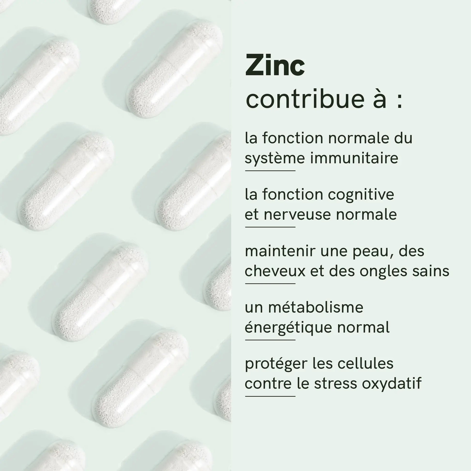 Infographie montrant les bienfaits du zinc: soutien du système immunitaire, fonction cognitive et nerveuse normale, peau, cheveux et ongles sains, métabolisme énergétique normal et protection des cellules contre le stress oxydatif, avec des capsules blanches sur fond vert menthe.