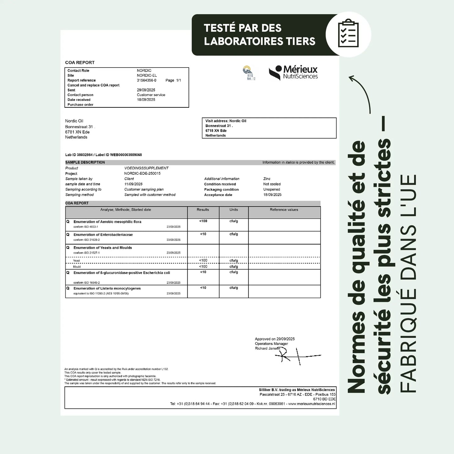 Rapport COA d’analyse en laboratoire pour Nordic Oil avec tableaux de résultats et logos Mérieux NutriSciences.