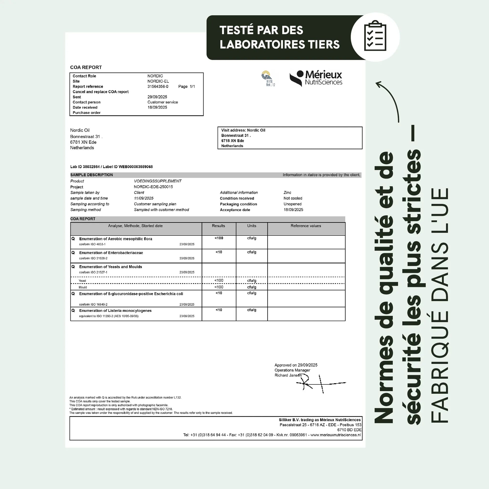 Rapport COA d’analyse en laboratoire pour Nordic Oil avec tableaux de résultats et logos Mérieux NutriSciences.