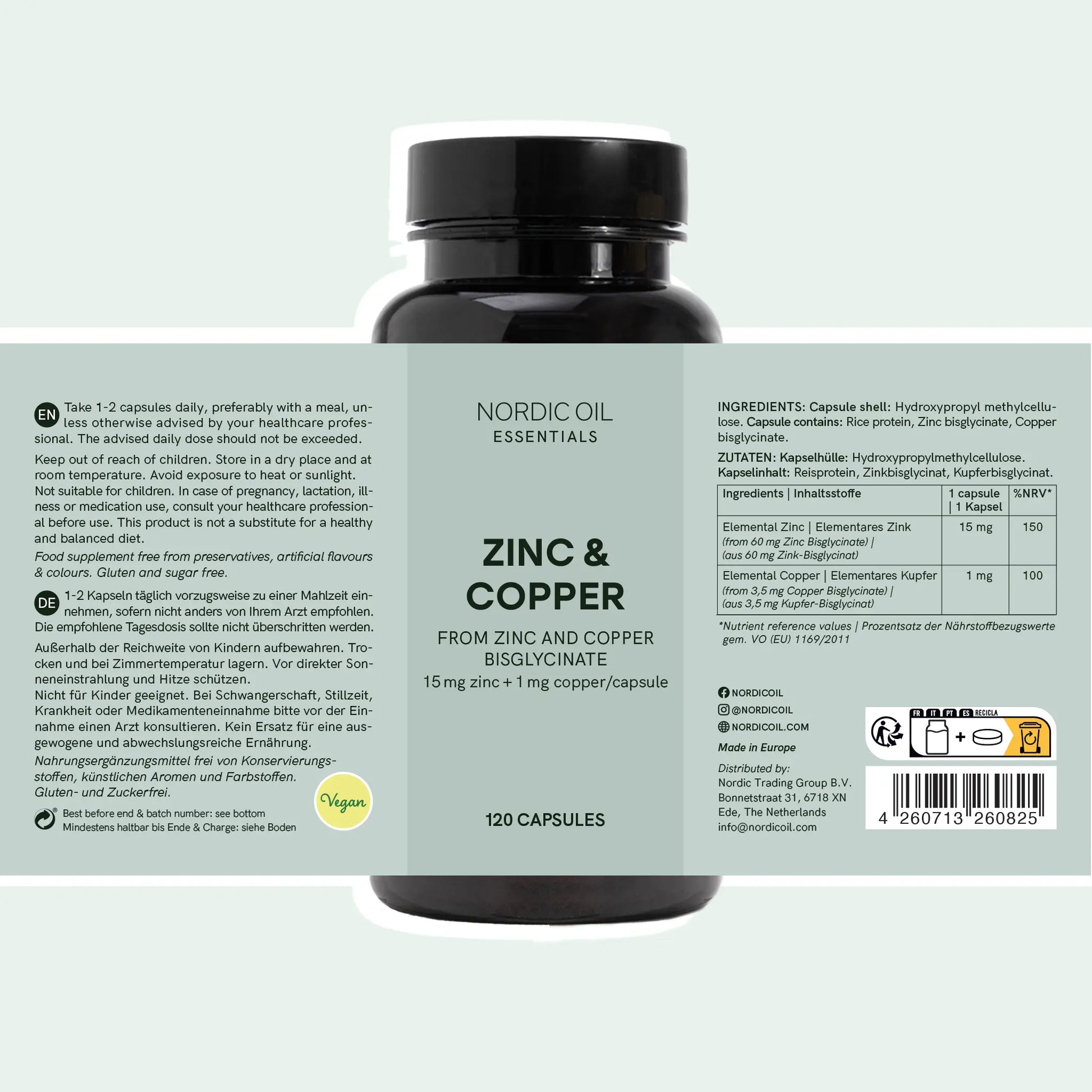 Bouteille de compléments alimentaires Nordic Oil Essentials Zinc & Copper, étiquette détaillant le zinc et le cuivre bisglycinate (120 capsules).